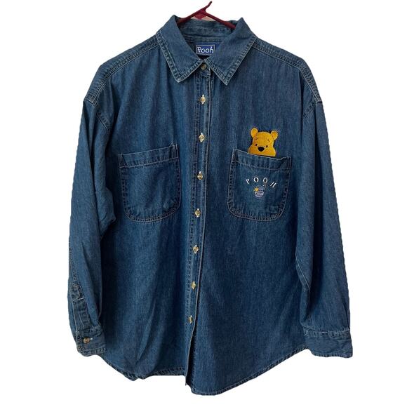 Vintage 90s Disney Winnie the Pooh Denim Shirt 18 Pocket Embroidery - Picture 1 of 6